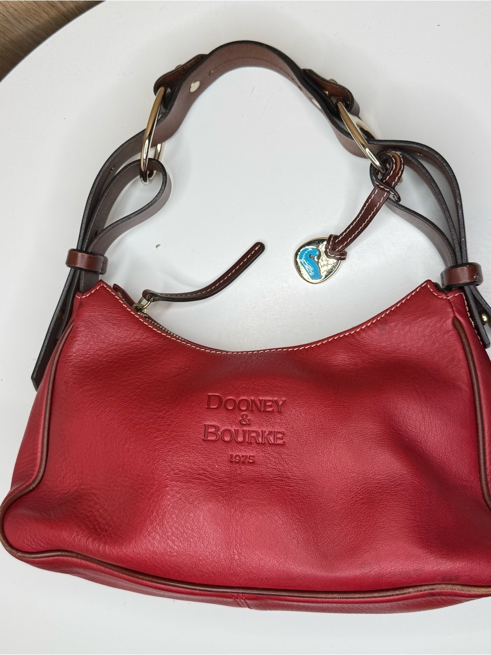 Dooney & Bourke Red Leather Hobo Shoulder Bag with Brown Straps